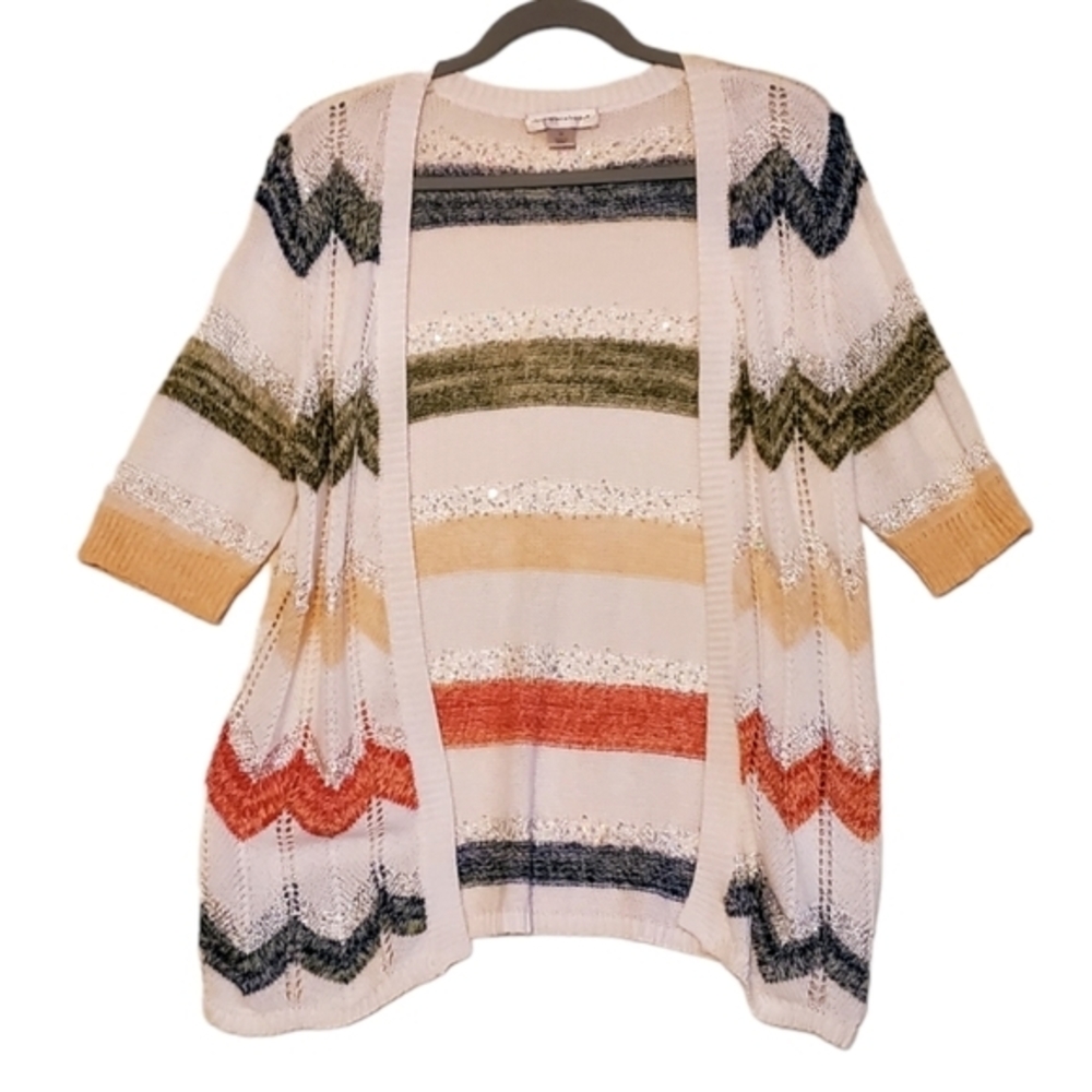 Christopher & Banks White Open Shrug Silver Color Stripes Medium Women Pre-owned